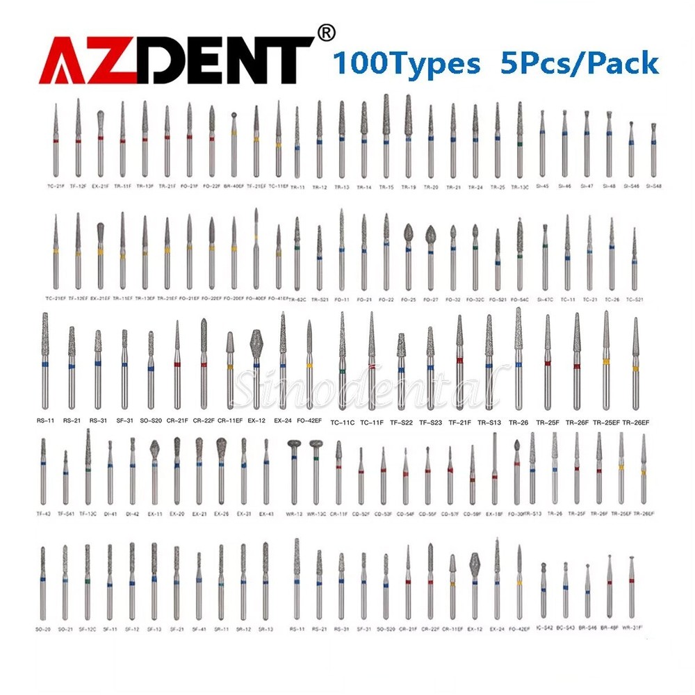 AZDENT 100Type Dental Diamond Burs FG Drill F High Speed Handpiece 1.6mm 5pc/PK