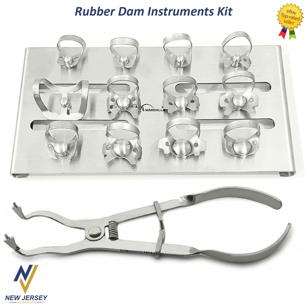 Dental Rubber Dam Endo Kit Brinker Clamps 12PCS Clamps Set With Tray Ivory Plier