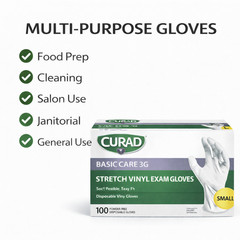 CURAD Basic Care 3G Stretch Vinyl Exam Gloves, Size Small Soft Flexible Easy Fit