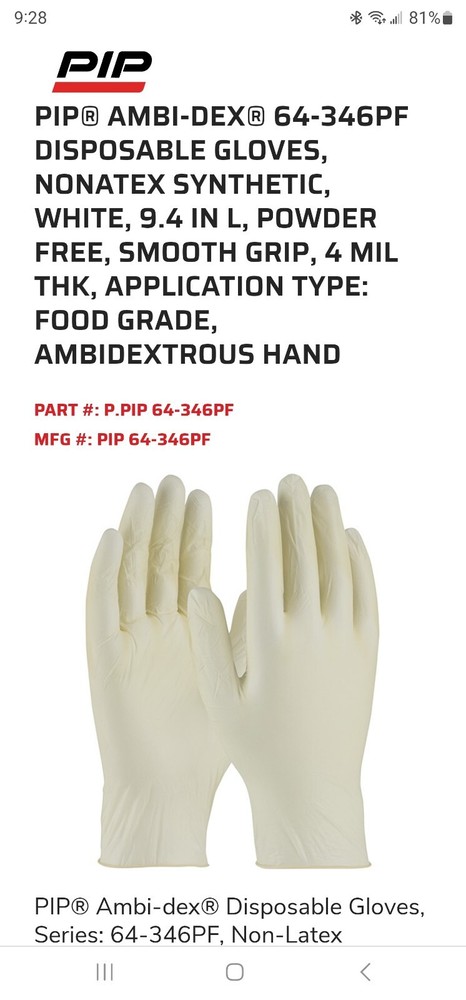 PIP AMBI-DEX 64-346PF Small DISPOSABLE GLOVES S NON-LATEX SYNTHETIC WHITE 4 mil