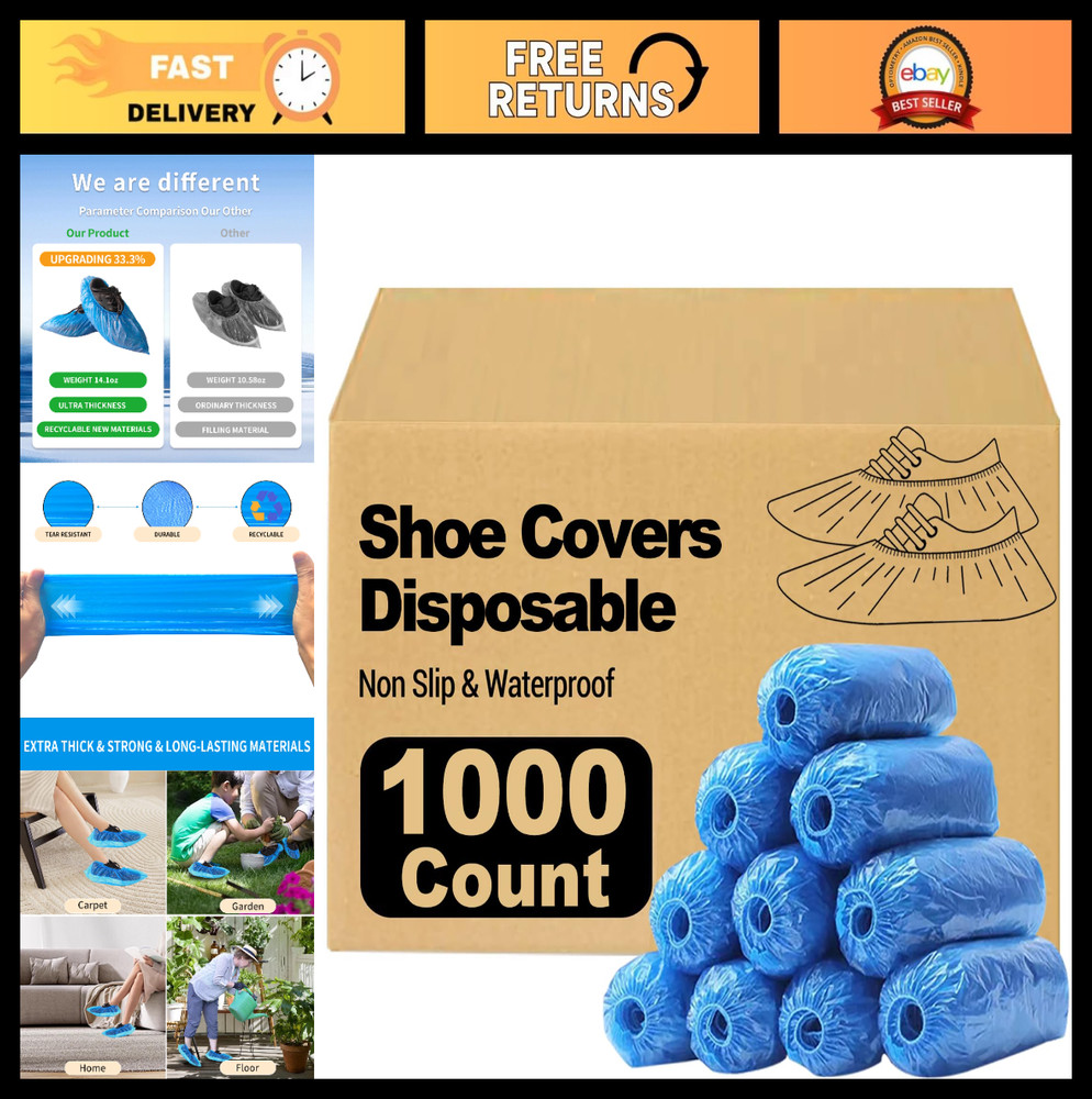 1000 Disposable Shoe Covers – Waterproof, Non-Slip Booties for Men & Women, Fits