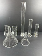 Basic Laboratory Glassware Flask, Funnels, Beaker, Grad Cylinders Lot Of 7