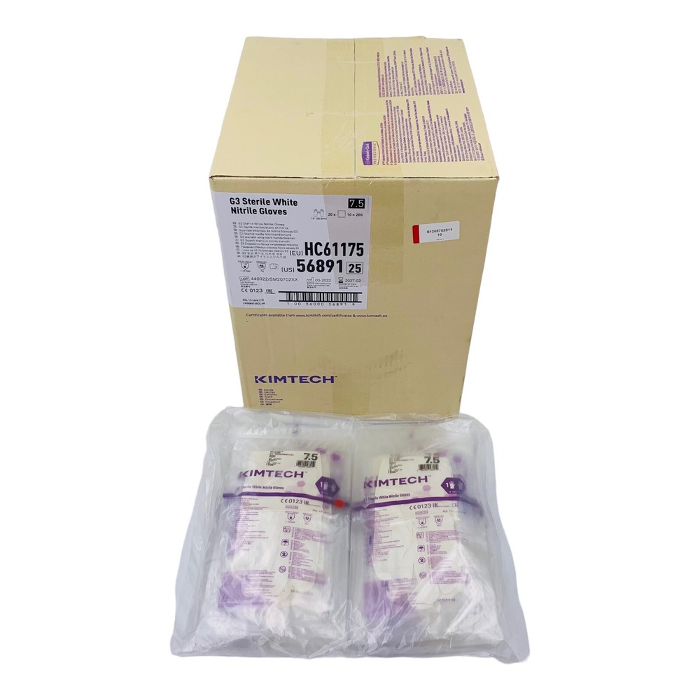 200 Pair Nitrile Gloves White Sterile Kimtech G3, 12”, 6 Mil, Size 7.5, Exp2027