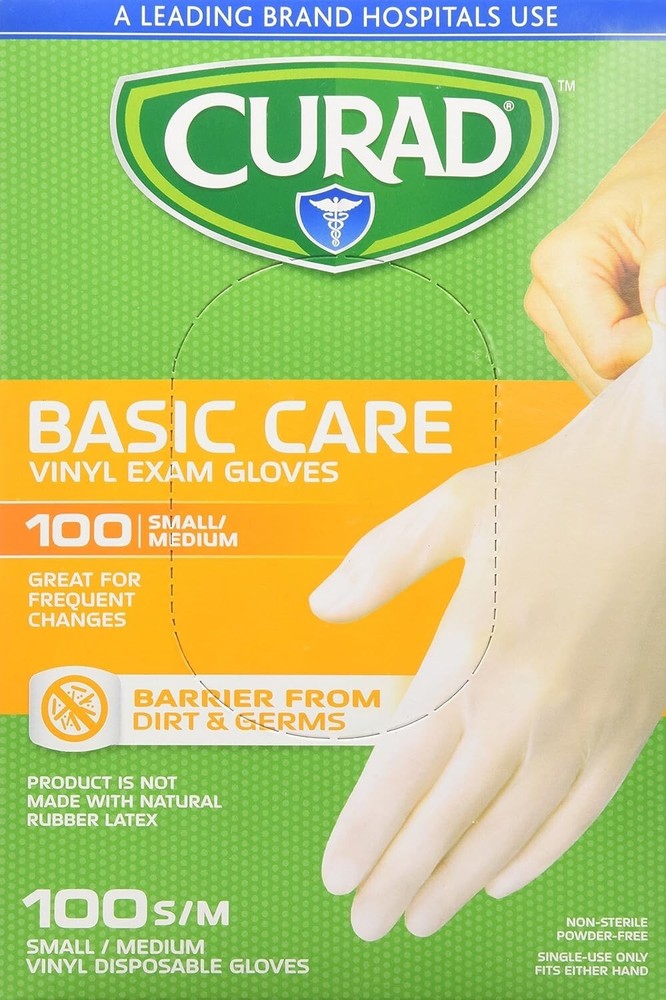 (10 PACK) Curad Basic Care Vinyl Exam Gloves Easy Fit-100Ct Each-Size Small/Med
