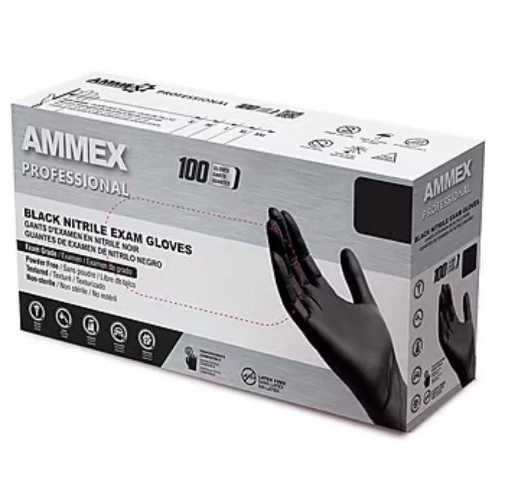 Ammex Professional Powder Free Nitrile Exam Gloves, Latex Free, L, Black, 100 CT