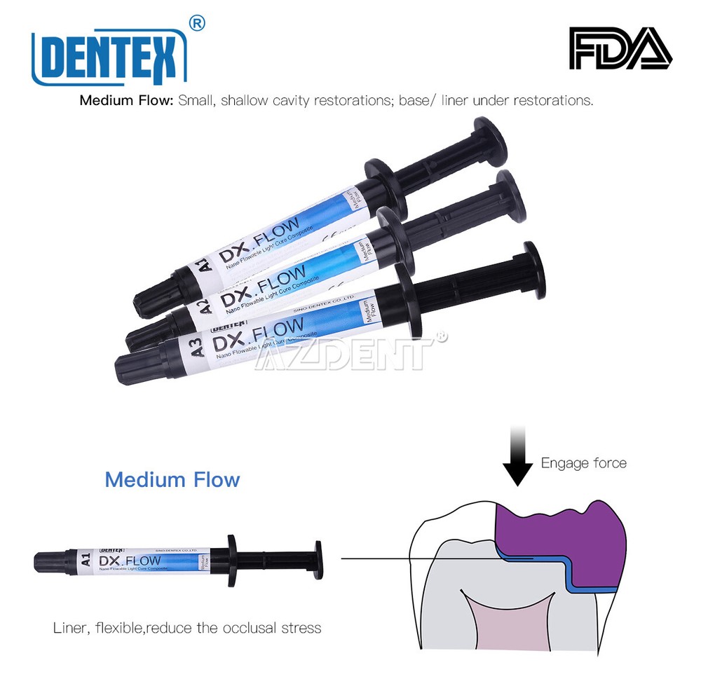 DENTEX Flowable Light Cure Hybrid Composite Dental Resin Medium Flow 3g/Kit