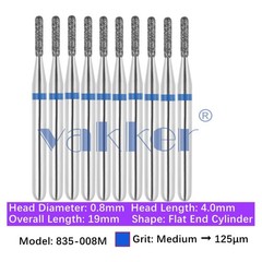 10pc Dental 835-008M Medium Grit FG Diamond Burs Friction Grip Flat End Cylinder