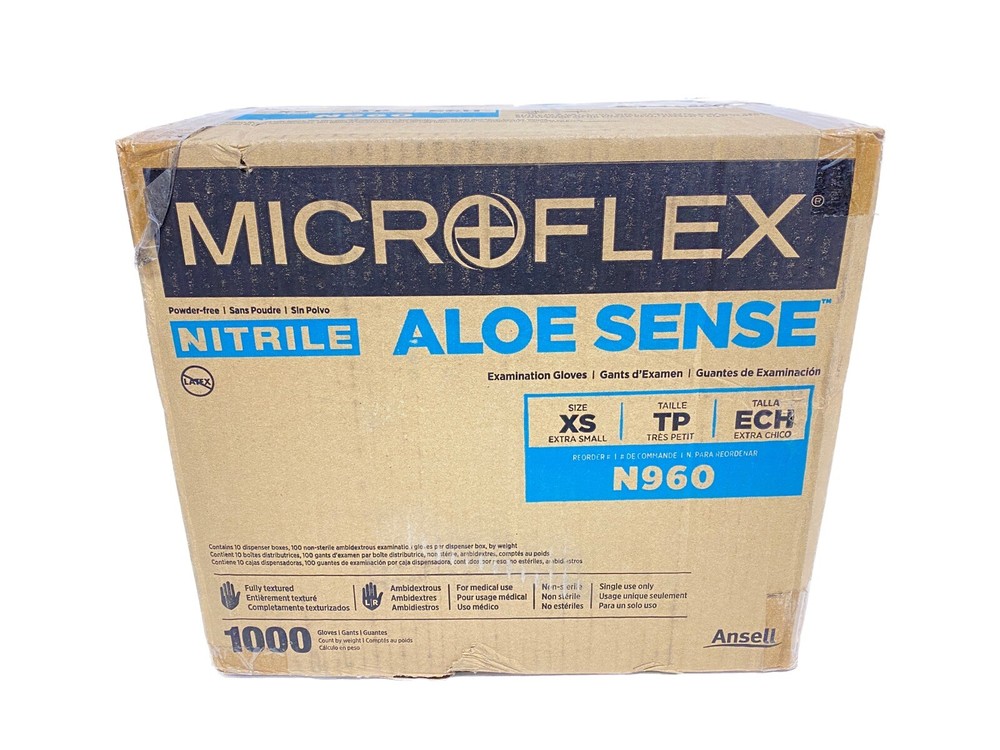 (1000/Cs) ANSELL Microflex Aloe Sense N96 Nitrile Exam Gloves – XSmall Teal N960