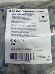 BD Oral Dispensing Syringe 10mL Clear w/ Tip Cap Ref 305219 Bag of 100