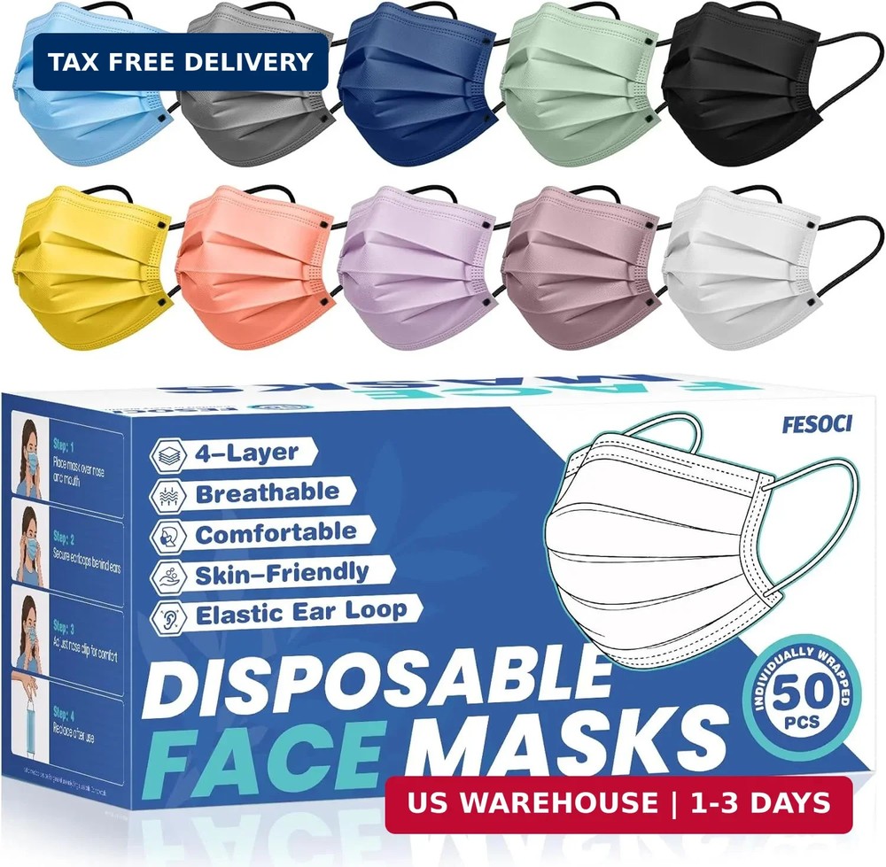 Disposable Face Mask for Adults – FSA Eligible HSA, 4 Ply 50 Pack Individually W
