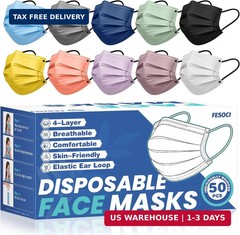 Disposable Face Mask for Adults – FSA Eligible HSA, 4 Ply 50 Pack Individually W