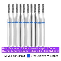 10pc Dental 835-008M Medium Grit FG Diamond Burs Friction Grip Flat End Cylinder