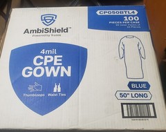 (100) Blue 50″ Extra Large Cast Poly Apron/Gowns CPE w/ Thumb Hold Sleeves &Ties