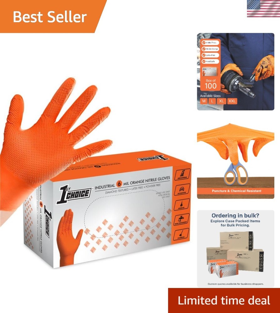 6 mil Orange Gloves, Disposable, Latex Free, Raised Diamond Grip, Mechanic Gl…