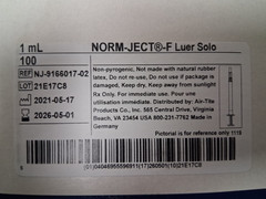 (100pk) NORM-JECT F 1mL Luer Solo Syringes Sterile Single-Use
