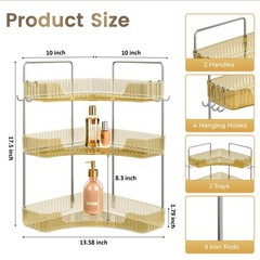 Kinkota Golden 3-Tier Corner Bathroom Organizer Countertop Storage Shelf Hooks M