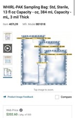 Whirl-Pak B01018 Sterile Sampling Bags, 13 fl oz / 384 mL, 3 mil Thick, 500/box