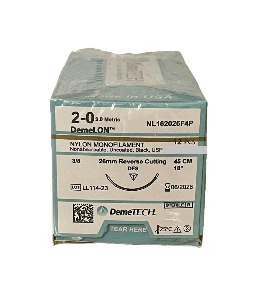 DemeLON 2-0 USP Nylon Sutures 18” DFS 26mm RC 3/8c EXP 06/2028 12ct NEW SEALED