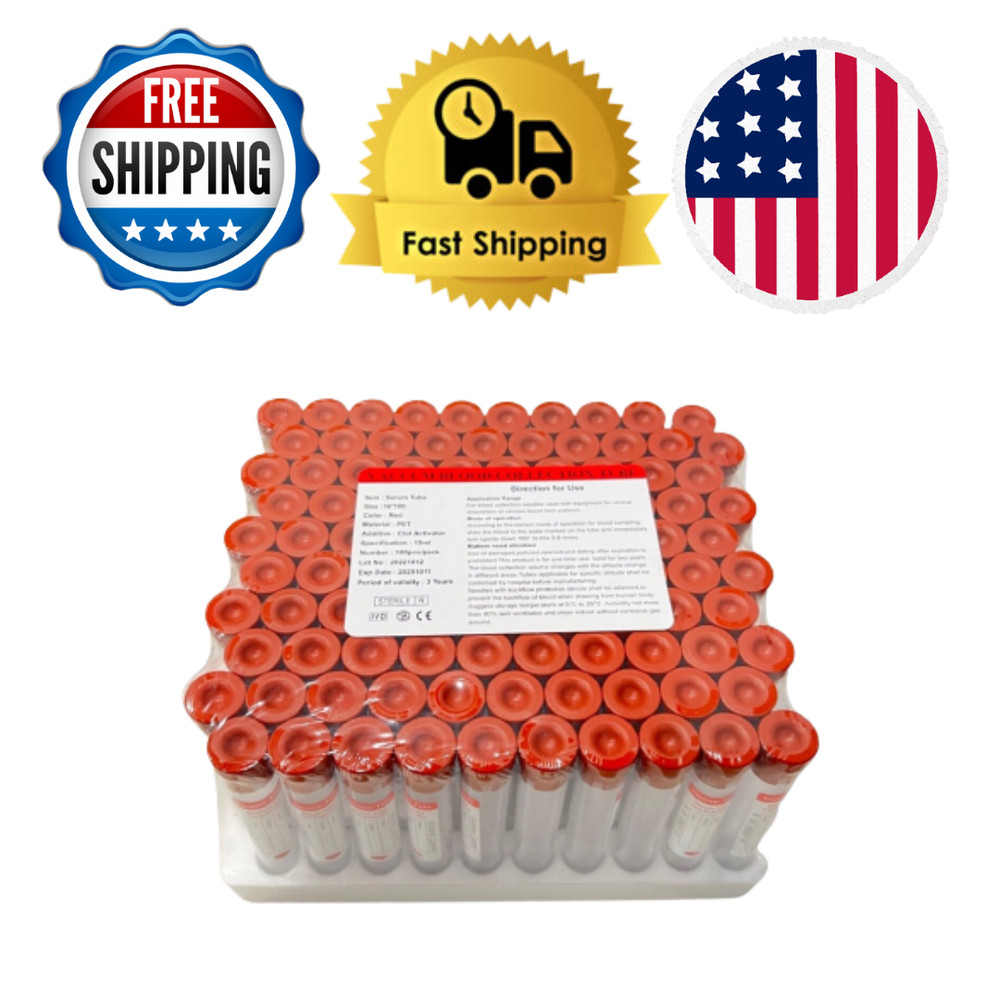 Vacuum Blood Tube Clot Activator 10ML RUBBER RED Top, EXP 2025, PET/Glass