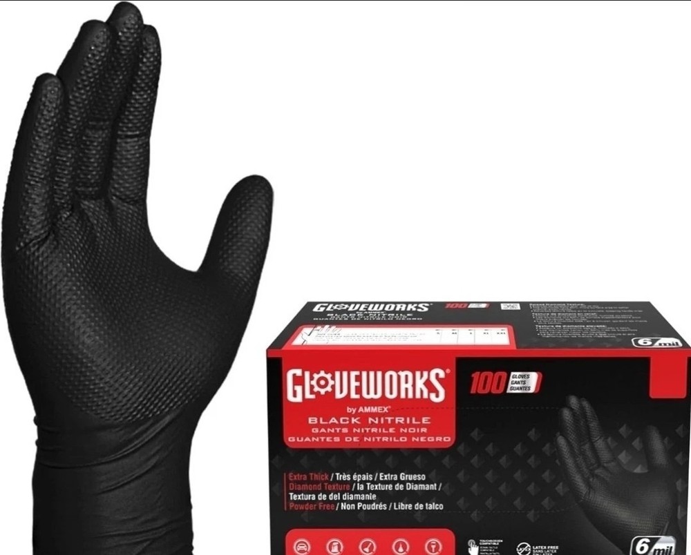 GLOVEWORKS Black Nitrile Gloves – 6 mil Disposable, Large (Pack of 100) Mechanic