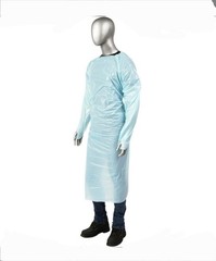 (100) Blue 50″ Extra Large Cast Poly Apron/Gowns CPE w/ Thumb Hold Sleeves &Ties