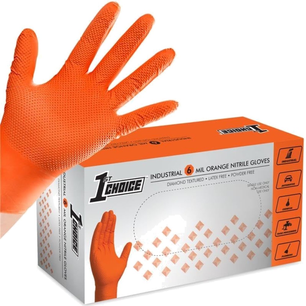 6 mil Orange Gloves, Disposable, Latex Free, Raised Diamond Grip, Mechanic Gl…