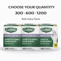 CURAD Basic Care 3G Stretch Vinyl Exam Gloves, 300 Piece, Soft Flexible Easy Fit