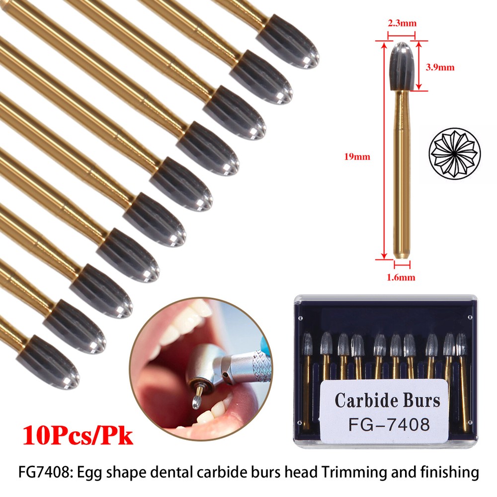 10 Pcs Dental Tungsten Carbide Burs Trimming & Finishing 7408 19mm Egg shape ns