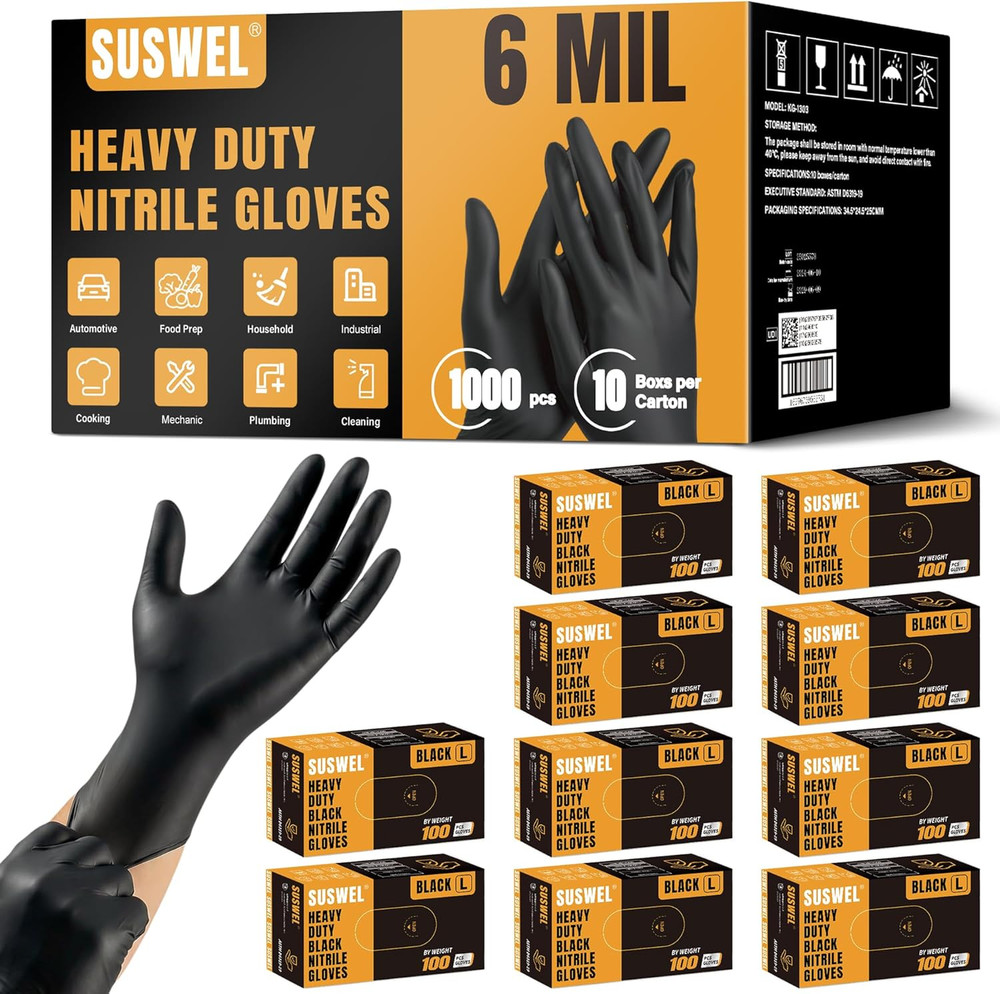 HEAVY DUTY 6 Mil Nitrile Gloves Disposable Latex Free Black Rubber Mechanic Hous