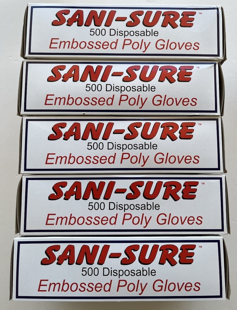 5 Boxes Of 500 SANI-SURE Disposable Embossed Single Use Poly Gloves Large NEW