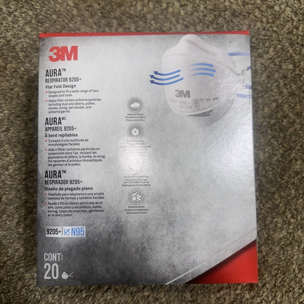 3M Aura Particulate Respirator 9205+ Flat Fold Design N95 20 Pack New