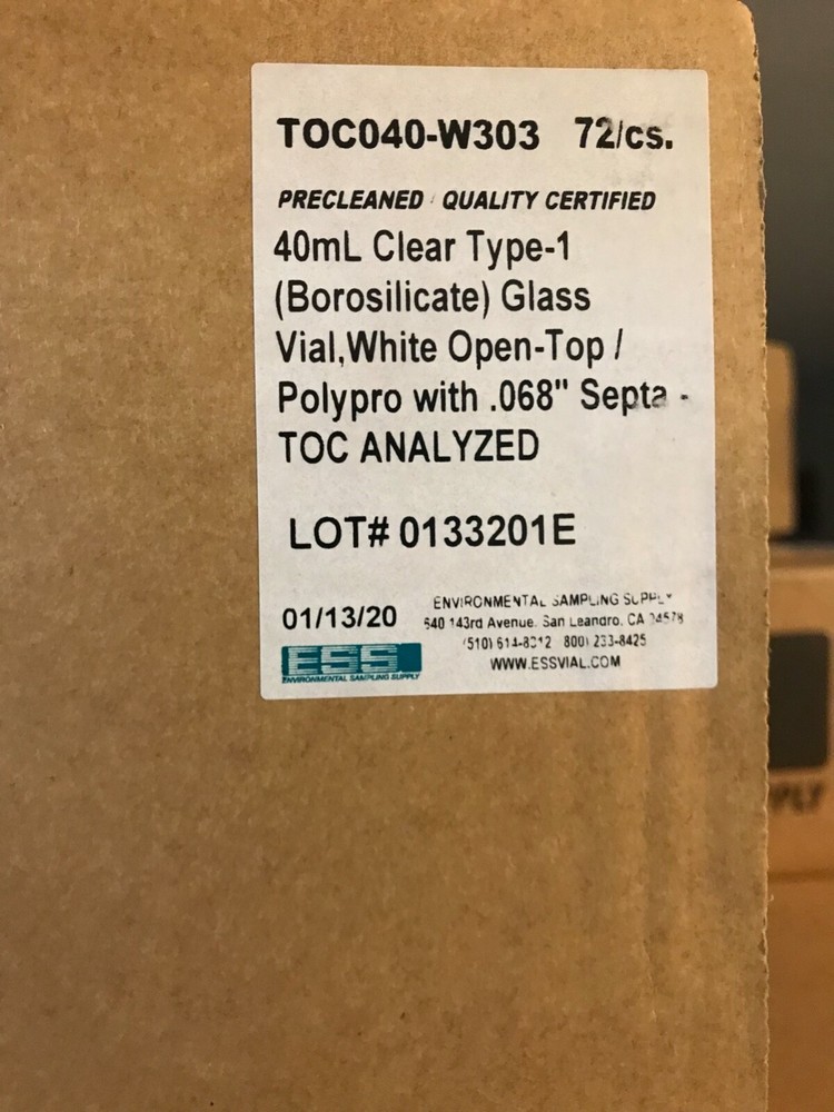 ESS TOC040-W303 | TOC Vials 40mL Clear Open-Top/0.068″ Septa CS/72 Caps Included
