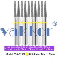10pc Dental FG High Speed Diamond Burs Round End Taper 856-016SF Super Fine Grit