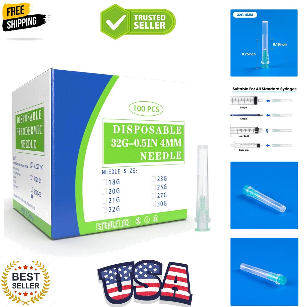 100 Pack 32 Ga 4mm Disposable Needles with Caps for Scientific and Industrial…