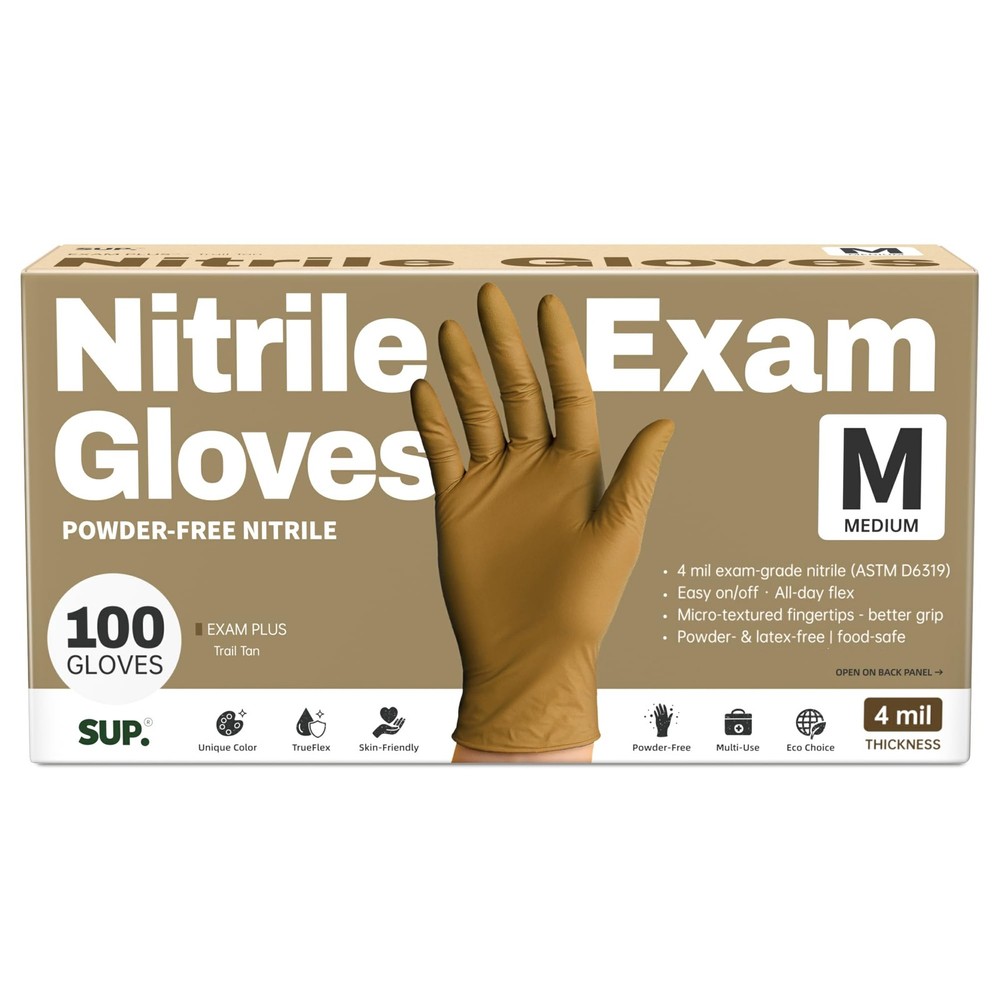 SUP Nitrile Gloves, PowderFree, Food Safe, 100 Count, Medium, Tan