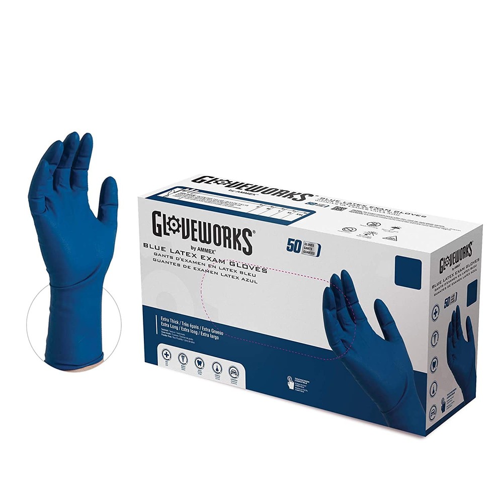 AMMEX GLOVEPLUS HD Medical Blue Latex Gloves, Box of 50, 13 mil, Size XLarge,…