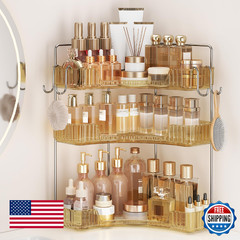 Kinkota Golden 3-Tier Corner Bathroom Organizer Countertop Storage Shelf Hooks M