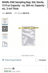 Whirl-Pak B01018 Sterile Sampling Bags, 13 fl oz / 384 mL, 3 mil Thick, 500/box