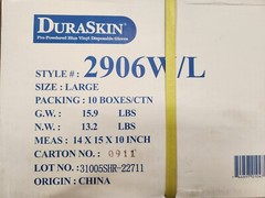 Duraskin Blue Vinyl Exam Gloves Size Medium 2906WL- Case of 10 boxes Brand New!