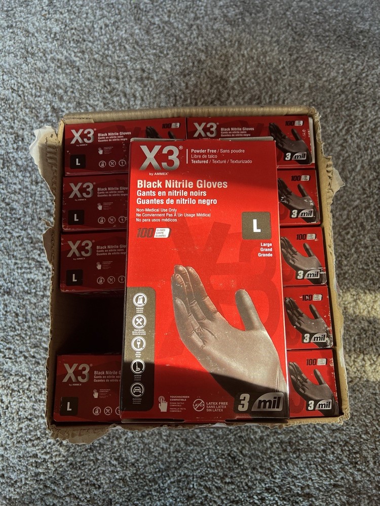 Ammex BX346100 X3 Large Nitrile Gloves Black – Lot Of 10 Boxes- 100 Ct Per Box