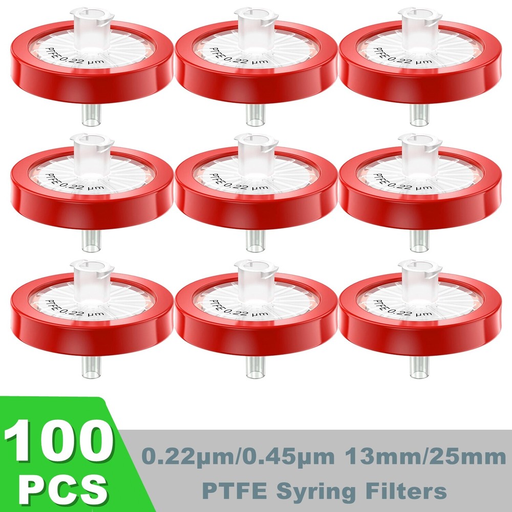 100pcs PTFE No-Sterile Syringe Filters 25mm 0.45μm Hydrophilic HPLC Wheel Red US
