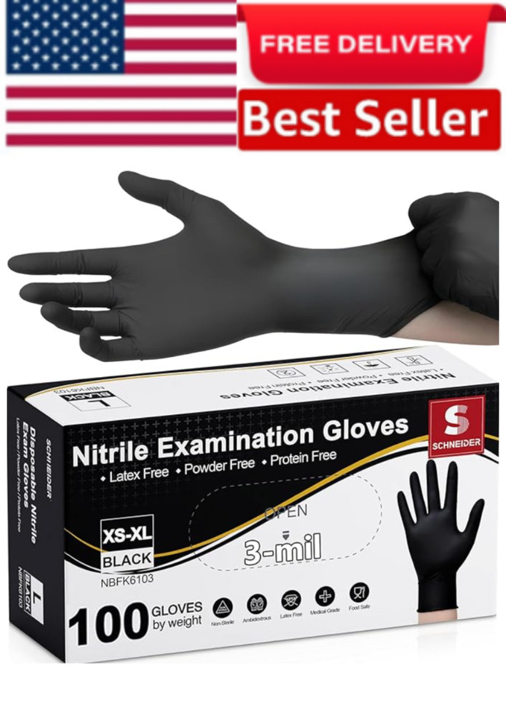 AMMEX ABNPF46100BX Medical Black Nitrile Gloves, Large – 100 Count