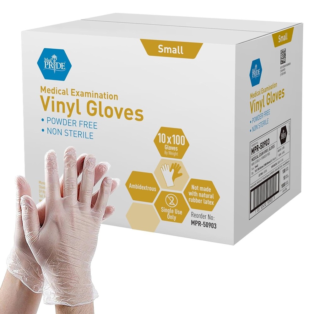 MED PRIDE Clear Vinyl Exam Gloves 1000ct Bulk, Latex-Free Powder-Free Disposable