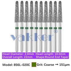 Vakker 10pc Dental 856L-020C FG Diamond Burs Coarse Grit Round End Taper Bur