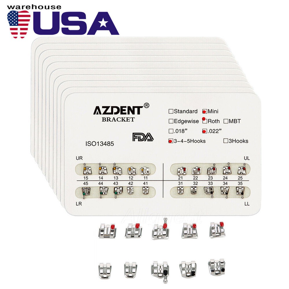 10 Packs AZDENT Dental Metal Brackets Mini/Standard MBT/Roth 022/018 Hooks 3/345