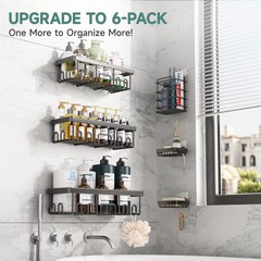 Veken Shower Caddy 6-Pack – Rustproof, No Drill Adhesive Shelves + Soap Holder