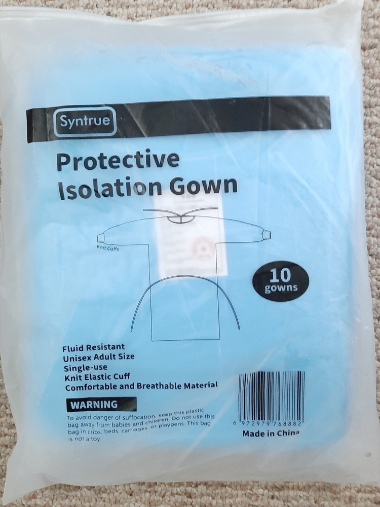 Syntrue Protective Isolation Gown- Knit Cuff/Fluid Resistant/Unisex Adult 10pk