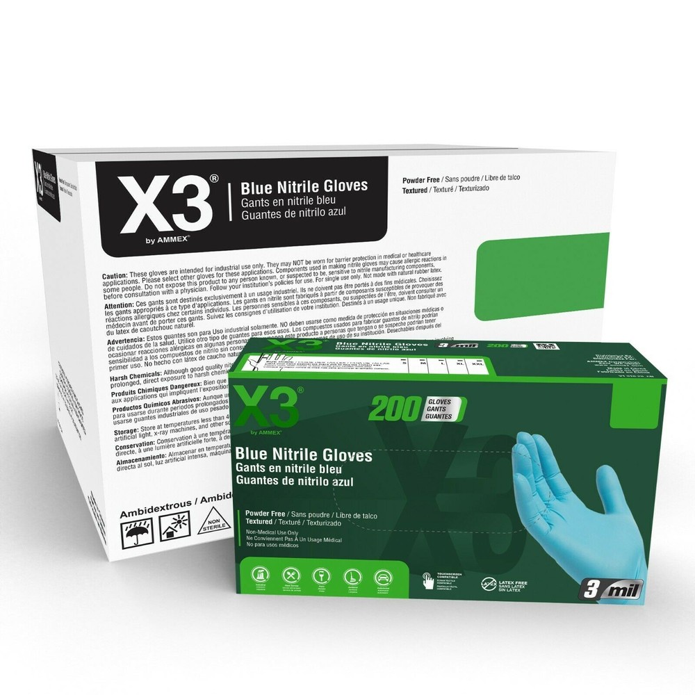 X3 Blue Nitrile Disposable Industrial Gloves 3 Mil Non-Latex Food-Safe 1000/Case