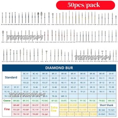 50 Pcs Dental Diamond Burs FG High Speed for Polishing Smoothing Teeth Polishers