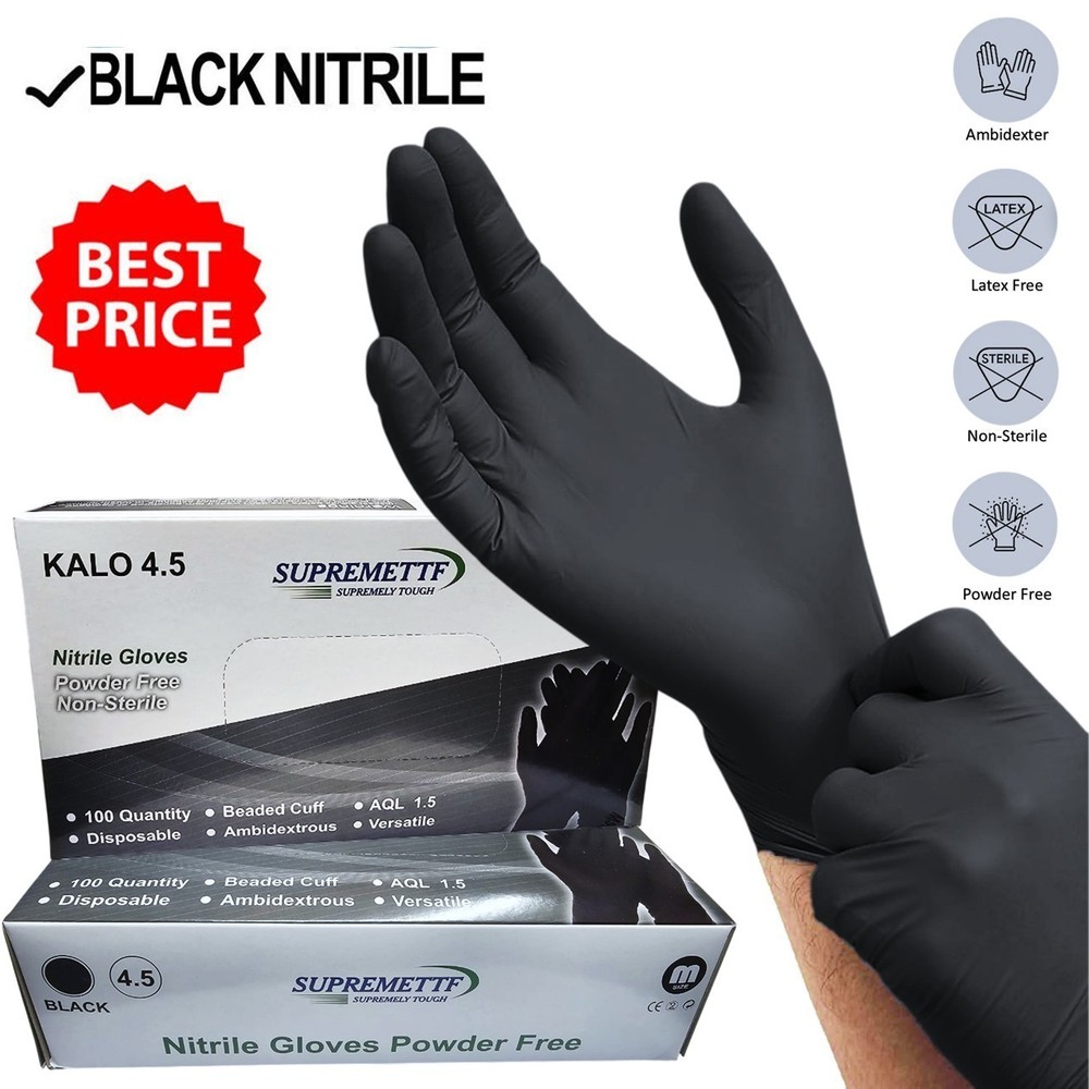Black Nitrile Disposable Gloves Powder Free Latex Free 4.5 Mil & Size M – XXL